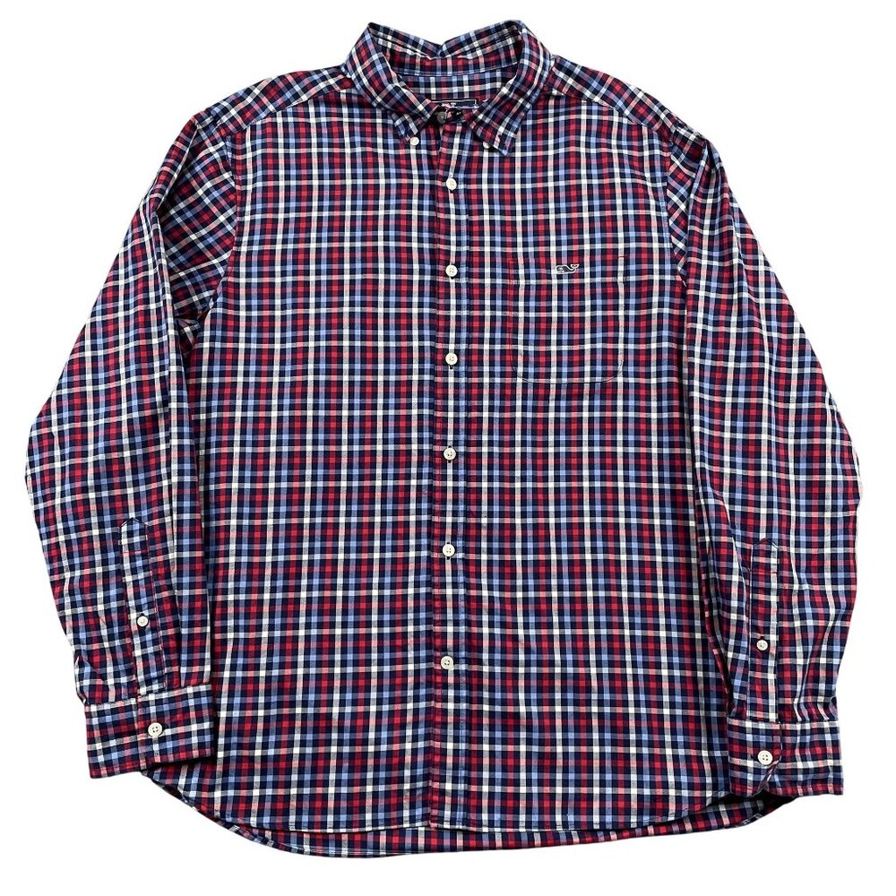 Vineyard Vines Button Down Shirt Mens Large Navy Blue Red Preppy Long Sleeve